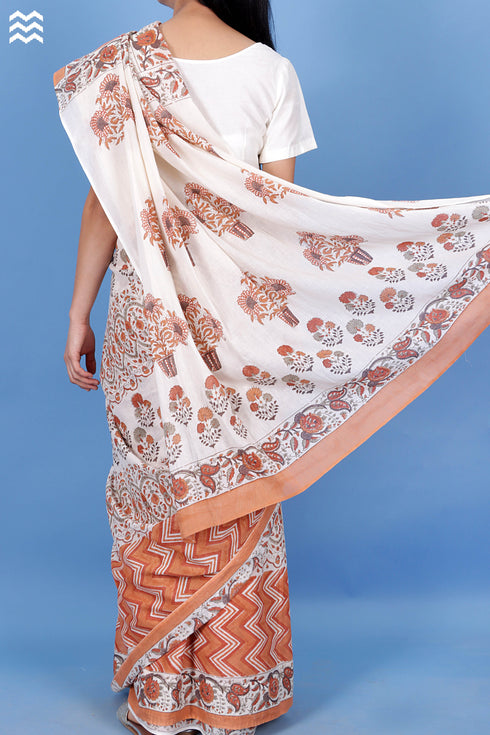 Mulmul Cotton Saree With Fall In Floral Block Print